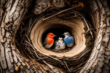 Bird nest in hollow tree trunk.