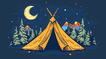 Fototapeta premium Camping Tent Clip Art. Traditional Cartoon Tent with Cheerful Character Doodle Style