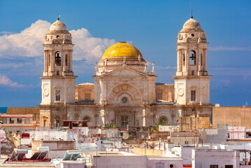 Domes and towers of Cathedral of the Holy Cross among old city buildings, Cadiz, Spain, Andalusia