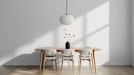 Elegant minimalist dining room with a modern table, simple chairs, and understated decor creating a clean and inviting space perfect for stylish and contemporary living High Resolution picture, ,