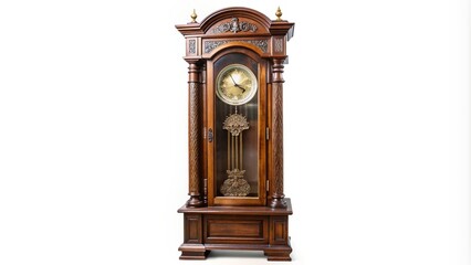 Elegant antique grandfather clock with intricate carvings and Roman numerals stands tall against a pristine transparent background, exuding vintage charm and sophistication.