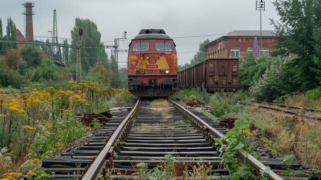 Train on Railway Tracks Near Urban Area