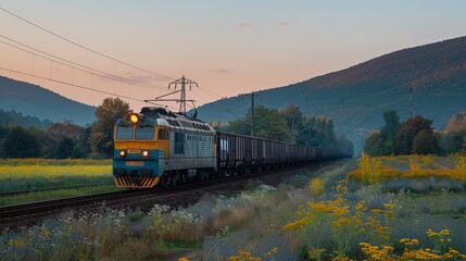 Freight Train in Rural Landscape at Dusk