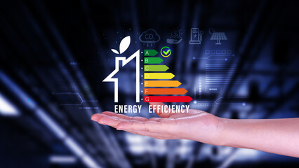 Energy efficiency concept, Businessman touching virtual screen of energy efficiency rating for energy efficient house building rate label audit, Renewable energy concept.