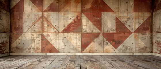 Abstract geometric patterns with an aged  No Vacancy  sign, merging contemporary art and vintage charm
