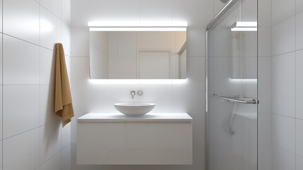 Modern minimalist bathroom with a sleek vanity, glass shower, and neutral tones creating a serene and spa-like atmosphere focusing on simplicity and clean design High Resolution picture, , Minimalism,