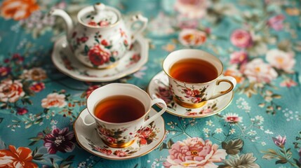 tea party invitation, perfect for a tea party invitation dainty teacups, teapot on a flowery tablecloth plenty of room for details