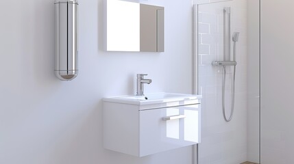 Modern minimalist bathroom with a sleek vanity, glass shower, and neutral tones creating a serene and spa-like atmosphere focusing on simplicity and clean design High Resolution picture, , Minimalism,