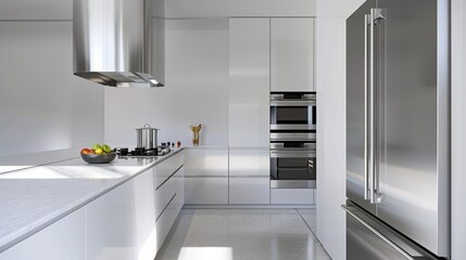Modern minimalist kitchen with sleek cabinetry, a clutter-free countertop, and stainless steel appliances emphasizing functionality and clean aesthetics in home design High Resolution picture, ,