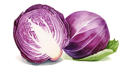 Fototapeta premium Cute red cabbage painted in watercolor on a background
