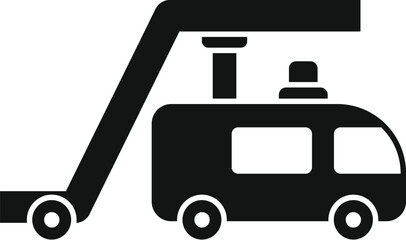 Black silhouette icon of airport boarding steps connected to a passenger bus for boarding or disembarking