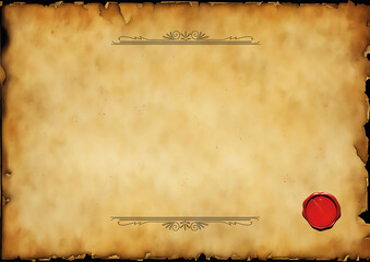 Blanko Vorlage Urkunde Zertifikat Dokument Diplom A4 altes Papier Papyrus Pergament gelb braun Papierrolle, Rand dunkler, Design Retro Chabby Chic, Hintergr&uuml;nde antikes rotes Wachs Siegel mit Band