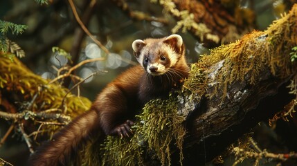 Fototapeta premium Mustela Nigripes. American Ferret: A Predatory Mammal in Green Moss with Tree Branch