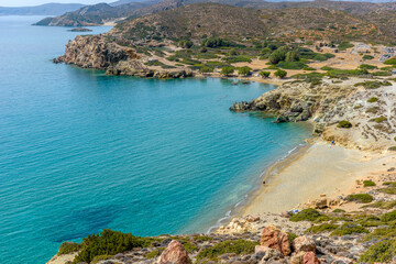 Aerial view  of the Erimoupolis beach  located in the area of ancient Itanos near Vai beach in lasithi prefecture, Crete island, Greece.