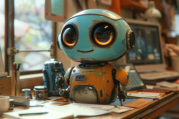 Fototapeta premium An endearing robot sits at a cluttered desk, gazing curiously, surrounded by gadgets, papers, and a light-filled window overlooking a vibrant scene