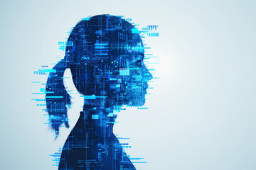 Double exposure of a customer service representative with AI chatbots, illustrating digital transformation in customer service