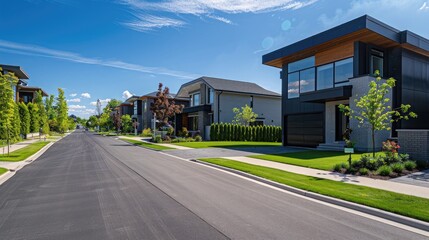 Fototapeta premium A suburban street adorned with modern houses featuring sleek designs and manicured lawns.
