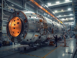 large, advanced aerospace module being assembled in a spacious, high-tech facility, highlighting the scale and precision of modern space engineering.