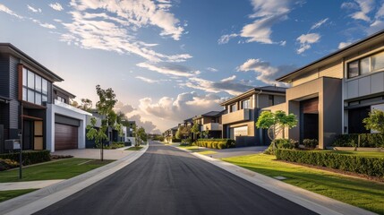Obraz premium A suburban street adorned with modern houses featuring sleek designs and manicured lawns.
