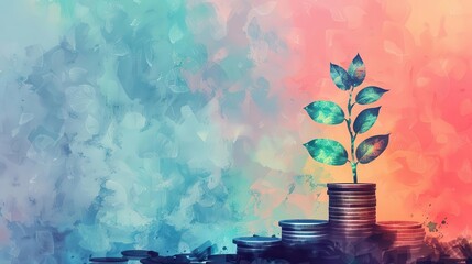 A single green plant sprouts from a stack of coins against a colorful watercolor background.