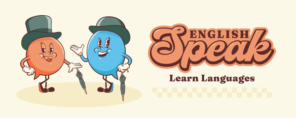 Vector English Talk Language Learning Group of British Gentleman Characters in Hats Illustration Banner. Groovy Cartoon Speech Bubbles Conversation Chat Message London Speak Personage Isolated