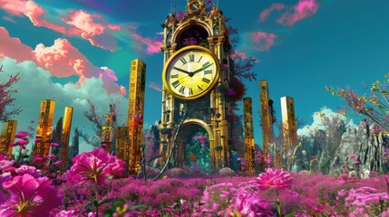 A clock tower striking with hands made from gold bars in a medieval village theme, front view, symbolizing timeless wealth, futuristic tone, Complementary Color Scheme