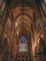 Stained glass cathedral interior with sunlight streaming through