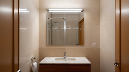 Minimalist bathroom design with a sleek vanity, glass shower, and neutral tones creating a serene and spa-like atmosphere with a focus on simplicity and clean design High Resolution picture, ,