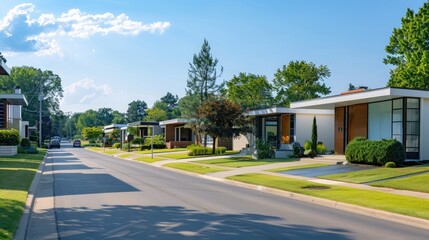 A suburban street lined with mid-century modern homes featuring clean lines and floor-to-ceiling windows.