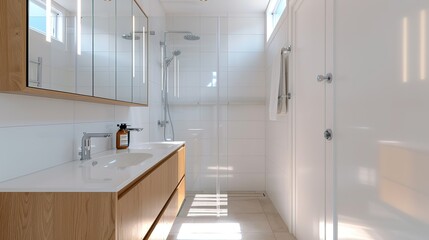 Minimalist bathroom design with a sleek vanity, glass shower, and neutral tones creating a serene and spa-like atmosphere with a focus on simplicity and clean design High Resolution picture, ,