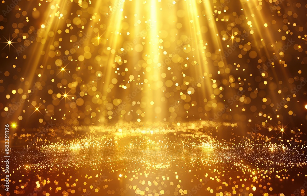 Wall mural golden shimmering particles floating on a reflective surface with glowing light rays