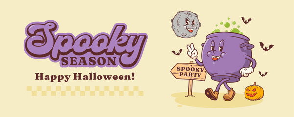 Halloween Groovy Witch Cauldron Retro Character Banner. Cartoon Pot Walking by a Pumpkin and Evil Moon. Vector Autumn Holiday Mascot Template. Happy Vintage Cool Illustration Isolated