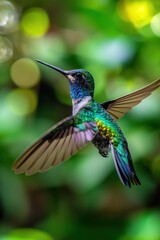 Fototapeta premium Vibrant hummingbird in flight with green blurred background