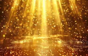 Golden shimmering particles floating on a reflective surface with glowing light rays