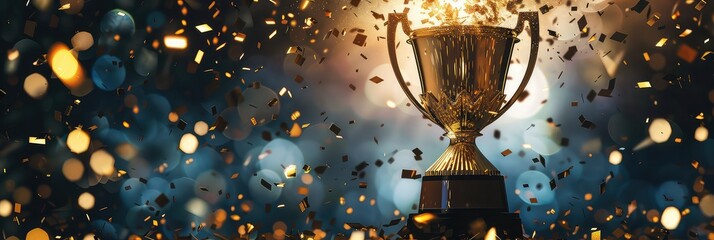Golden trophy with confetti and glowing particles on dark blue background