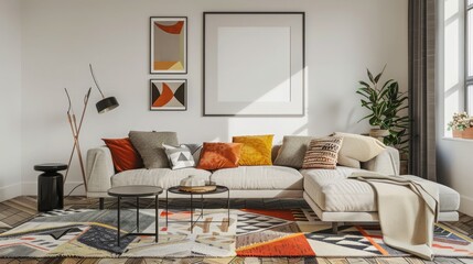 A trendy living room with an abstract frame poster, a modern sectional, a geometric rug, and a mix of bold and neutral colors.