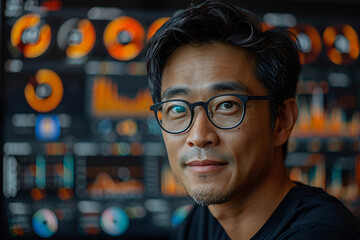 A man with glasses against a blurred background of colorful circular gauges and graphs, giving a technical, focused look