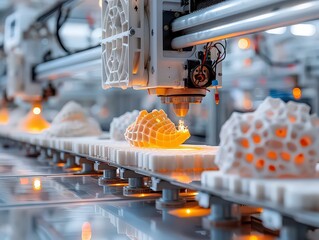 Innovative photograph of a 3D printing lab, with a large-scale 3D printer creating intricate prototypes and customized designs using advanced additive manufacturing technology.
