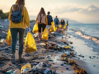 Documentary photograph of a coastal cleanup initiative, with volunteers collecting plastic debris and marine litter from the beach to protect marine life and preserve ocean ecosystems.