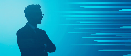 Silhouette of a banker with fintech symbols, representing digital transformation in finance