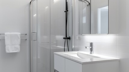 Modern minimalist bathroom with a sleek vanity, glass shower, and neutral tones creating a serene and spa-like atmosphere focusing on simplicity and clean design High Resolution picture, , Minimalism,