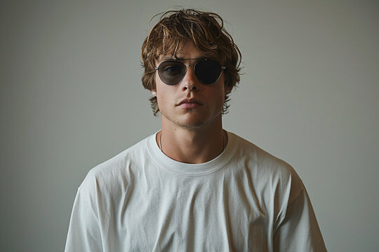Sandy-haired man in a white t-shirt, wearing round sunglasses, exudes a casual, cool demeanor