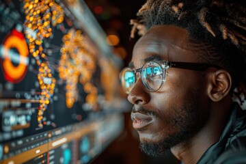 A person is intensely focused on a bright and intricate world map displayed on a large digital screen, showcasing a sophisticated analysis of data and patterns.