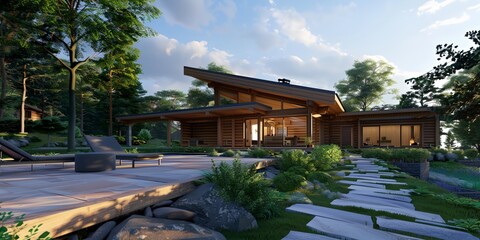 A house with a large porch and a pool. The house is surrounded by trees and has a lot of greenery