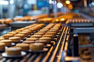 Baking Factory. Confectionery Conveyer Belt in Automated Bakery Line