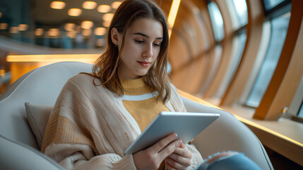 Young Woman Using Tablet Comfortably in Modern Lounge Area