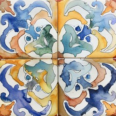 A blue and yellow tile with a flower design