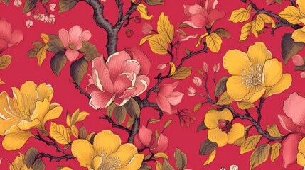 Pink and yellow floral pattern with detailed line work on a red background