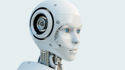 A robot with a white head and blue eyes. The robot is designed to look like a human