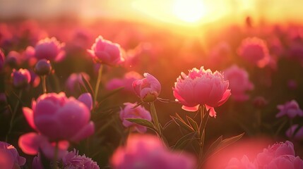 Obraz premium Pink peonies in the golden light of sunset